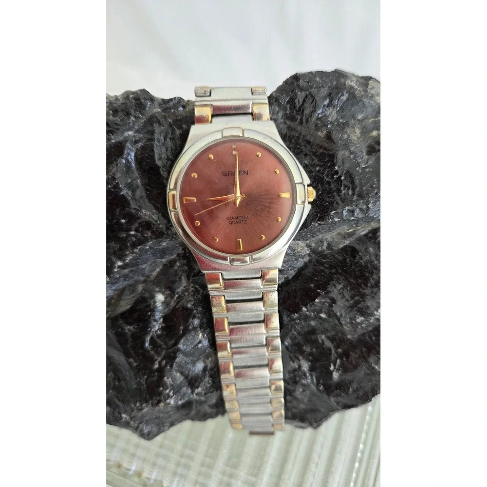 Gruen Diamond Quartz Mens Watch Two Tone Silver Gold Burgundy Dial